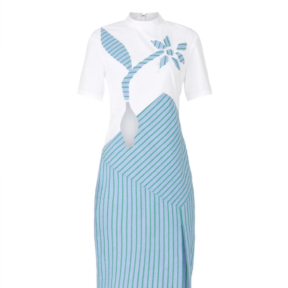 Rosie Assoulin White and Blue Patterned Midi Dress